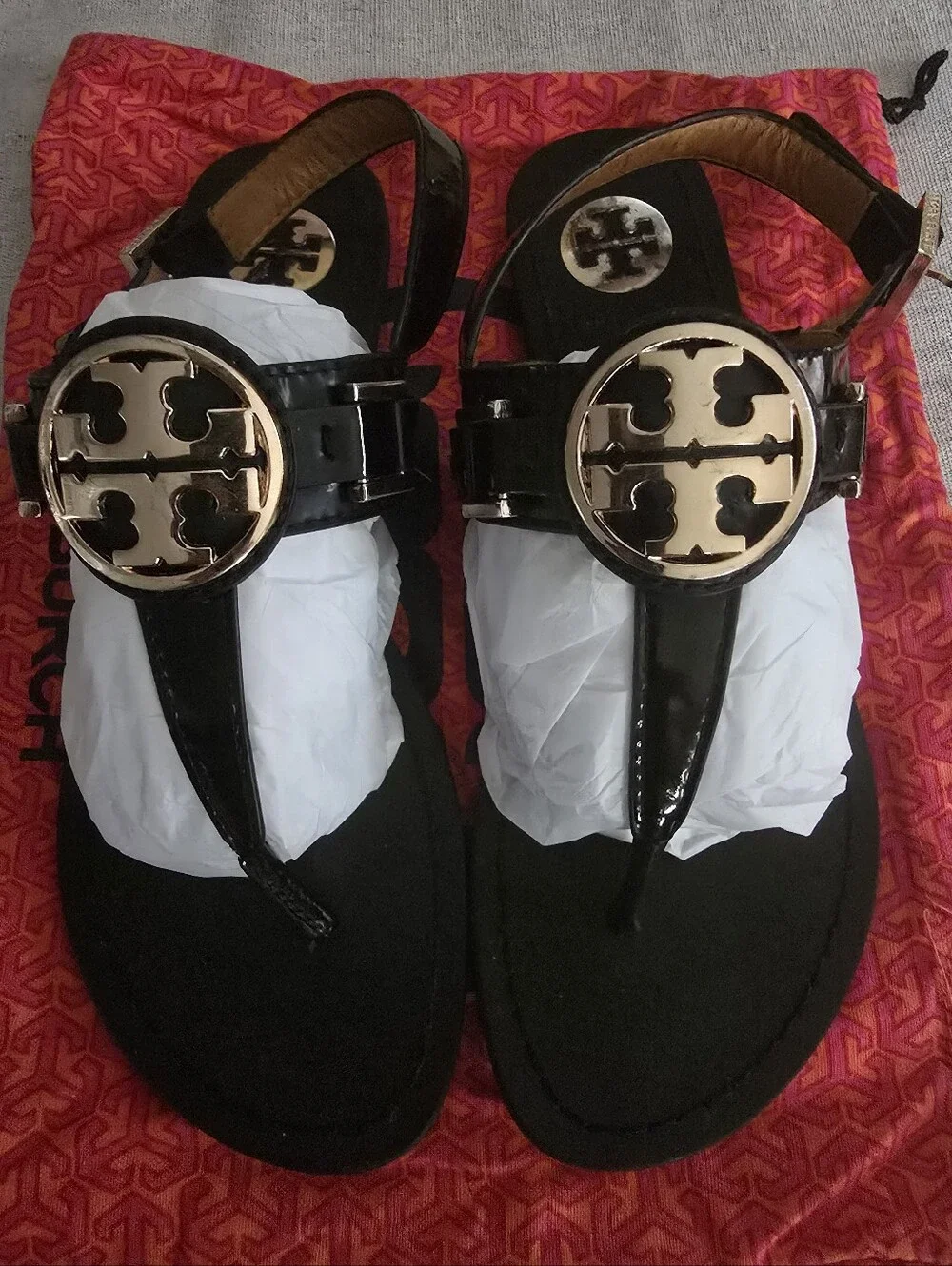 Tory Burch Black Patent Leather Thong Sandals with Gold Logo Medallions